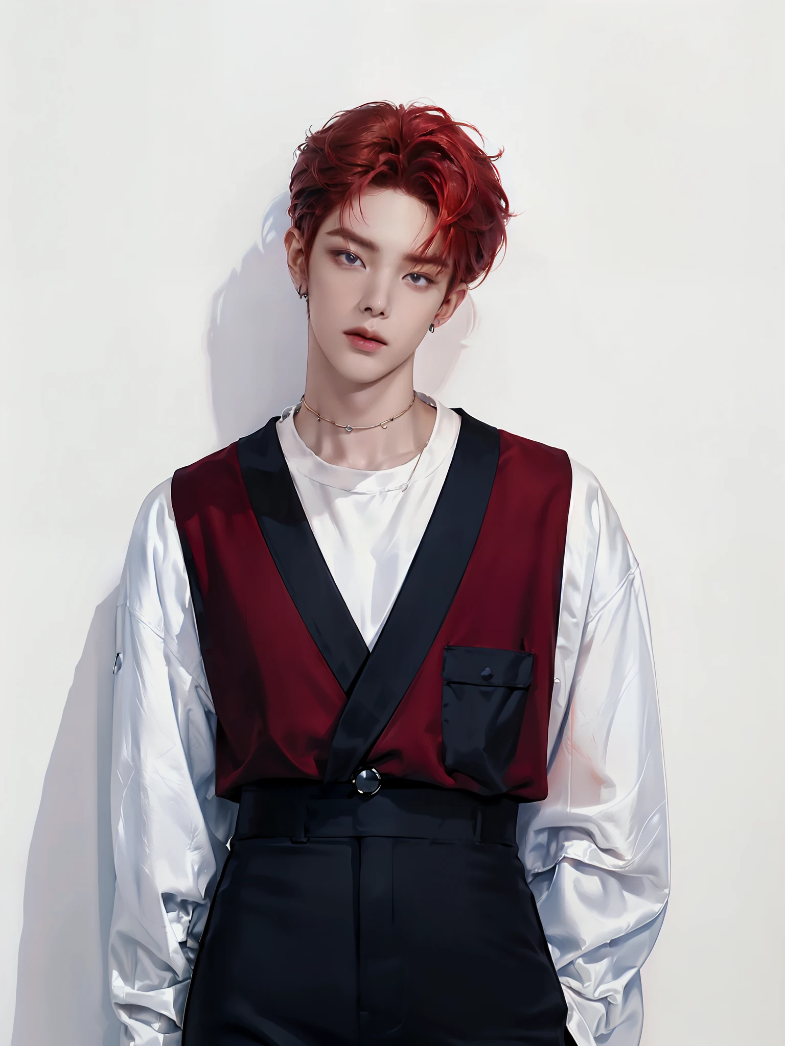 (4K)) ((  high quality )) (( white background )) ((amber-red hair color)) ((blue trousers)) ((one member of a k-pop group)) ((amber-red hair color)) (( Yongjun has a sophisticated and attractive appearance ,  with soft facial features ,  with perfect skin and expressive eyes . his nose is long, plump lips.  medium length hair , slightly wavy,  painted in a warm reddish shade with a slight honey tint . The hair is styled like this ,  so that the bangs cover your forehead on both sides ,  frame creating a mysterious and romantic image )) (( dressed in a light white silk t-shirt or top or a black or dark red velvet vest)) ((suspender,  carelessly lowered or slightly worn for the speaker )) (( black pants with a shiny effect )) ((Accessories:  Metallic choker ,  speaker thin ,  clip earring or small ear ring )) (( relaxed pose )) ((full length pose)) (( looks directly at the camera)) ((hand in pocket)) ((full length pose)) (( with no other characters in the )) ((painting in artistic style)) ((white background))
