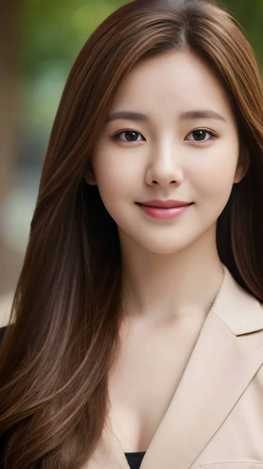 Desktop,  best quality, realistic,  super detailed, Exquisite,  high resolution, 8k wallpaper, 1 Beautiful Woman ,,  light brown messy hair , Wearing a suit ,  Sharp Focus,  Perfect Dynamic Composition , Exquisite has beautiful eyes, Sparse hair , Detailed and realistic skin texture, Smile,  close-up portrait , body curve，Full body photo