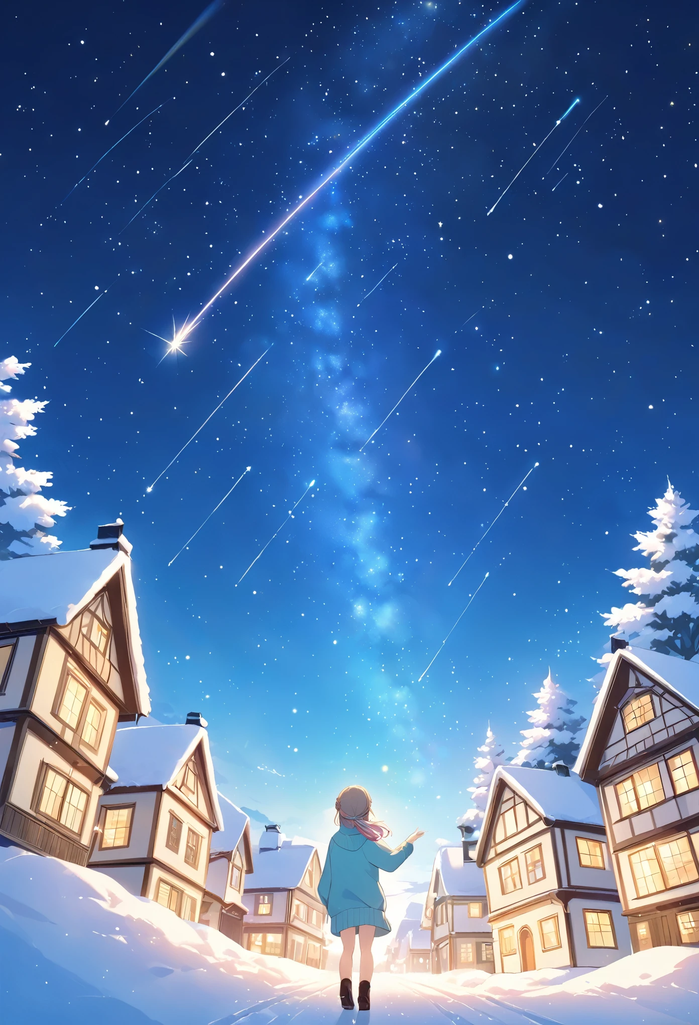 Gentle colors、  Thin Soft Painting Style、half updo、multicolored hair,sweater、night、Snow Town、 twinkling starry sky、 shooting stars、Meteor Shower、 looking up at the sky ,Make a wish for a star 