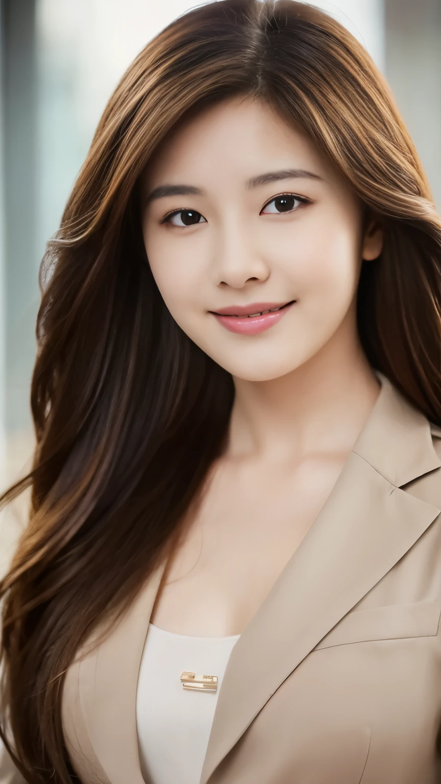 Desktop,  best quality, realistic,  super detailed, Exquisite,  high resolution, 8k wallpaper, 1 Beautiful Woman ,,  light brown messy hair , Wearing a suit ,  Sharp Focus,  Perfect Dynamic Composition , Exquisite has beautiful eyes, Sparse hair , Detailed and realistic skin texture, Smile,  close-up portrait , body curve，Full body photo