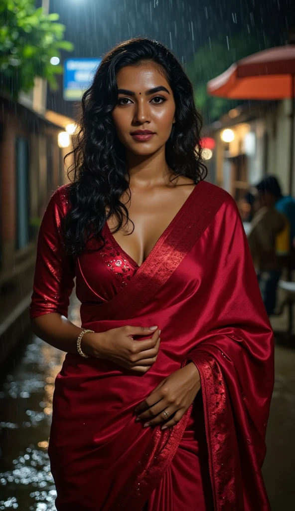 ,Busty fair skinned  woman  in a rain  and getting herself drenched from the rain water in the middle of a night road,she is wearing red sequin silk shiny saree on a shiny red satin u neck short sleeve blouse,fully wet drenched body and clothes,wet long hair, glossy poutlips, cleavage cut line,Large breasts, Accurate, Long Hair, Makeup, Embarrassed, rainy indian slum background,wet clothes,wet hair,wet body , tight saree, tight fit blouse, wet saree,wet breasts, spot light focusing on herLooking at viewer, 