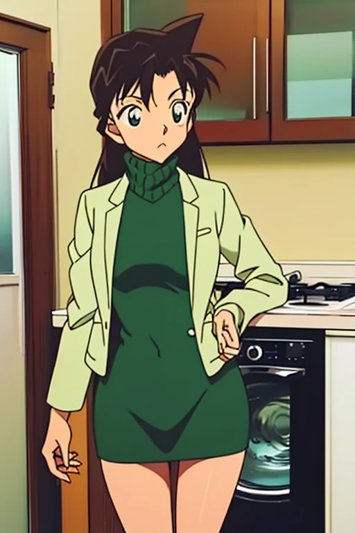 {{{mouri ran}}},{{{Detective Conan}}},{{{long hair}}},{{{official style}}},{{{adult}}},green dress,one-piece dress,turtleneck,green miniskirt, {light green cropped jacket},{light green cropped jacket},green socks,,sink,laundry,kitchen,bringing upper body to the sink,open