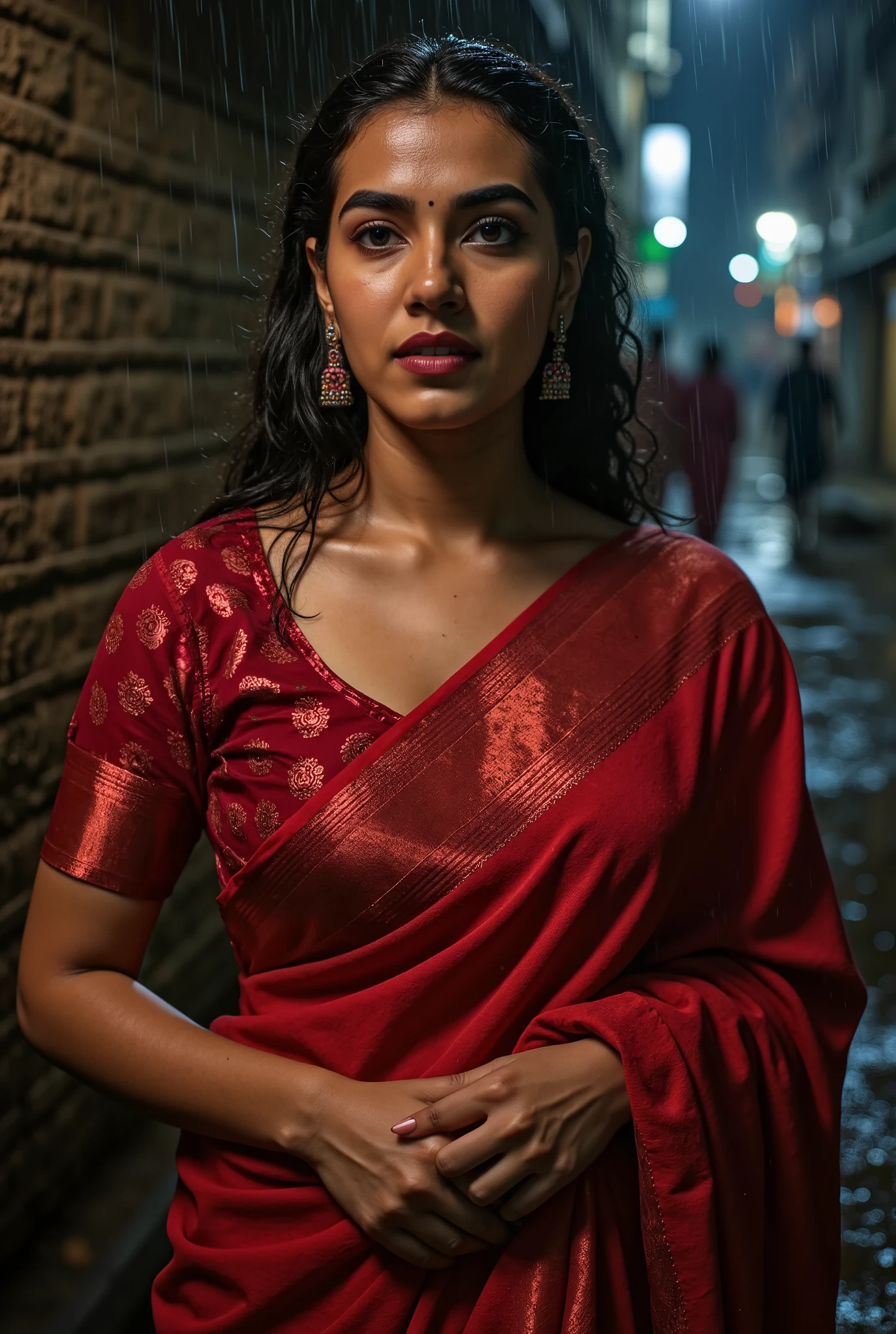 Pretty like princess, riding horse,Busty fair skinned woman crying forcefully dragged by a woman by catching her one arm in a rain  and getting herself drenched from the rain water in the middle of a night road,she is wearing red sequin silk shiny saree on a shiny red satin u neck short sleeve blouse,fully wet drenched body and clothes,wet long hair, glossy poutlips, cleavage cut line,Large breasts, Accurate, Long Hair, Makeup, Embarrassed, rainy indian slum background,wet clothes,wet hair,wet body , tight saree, tight fit blouse, wet saree,wet breasts, spot light focusing on herLooking at viewer, 