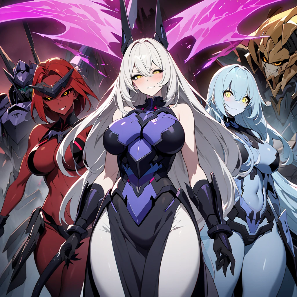 Anime, high detailed, multiple womans, mature womans, indigo mecha armor, large mechanical wings, evil grin, large clawed Gauntlet, red skin, curvy body, long mechanical tail,black sclera、Colored sclera、crimson Colored skin、Yellow Eyes, elongated pupils,  Mature Woman、Black-purple aura、womans surrounding, background a frozen-solid city