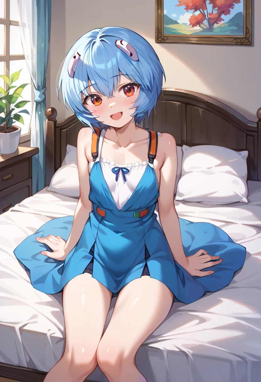 (( best quality)), ((masterpiece)), (be familiar with),  perfect face, indoor, bedroom,  watching viewers ,
One woman, Rei Ayanami,
 characters with open mouth ,  ecstatic expression with hands in front of body, blush, smile,
Small breasts,  flat chested, Young girl, Lori,  s,  girl,
Short Hair,  Shorthair,
Leg spread,