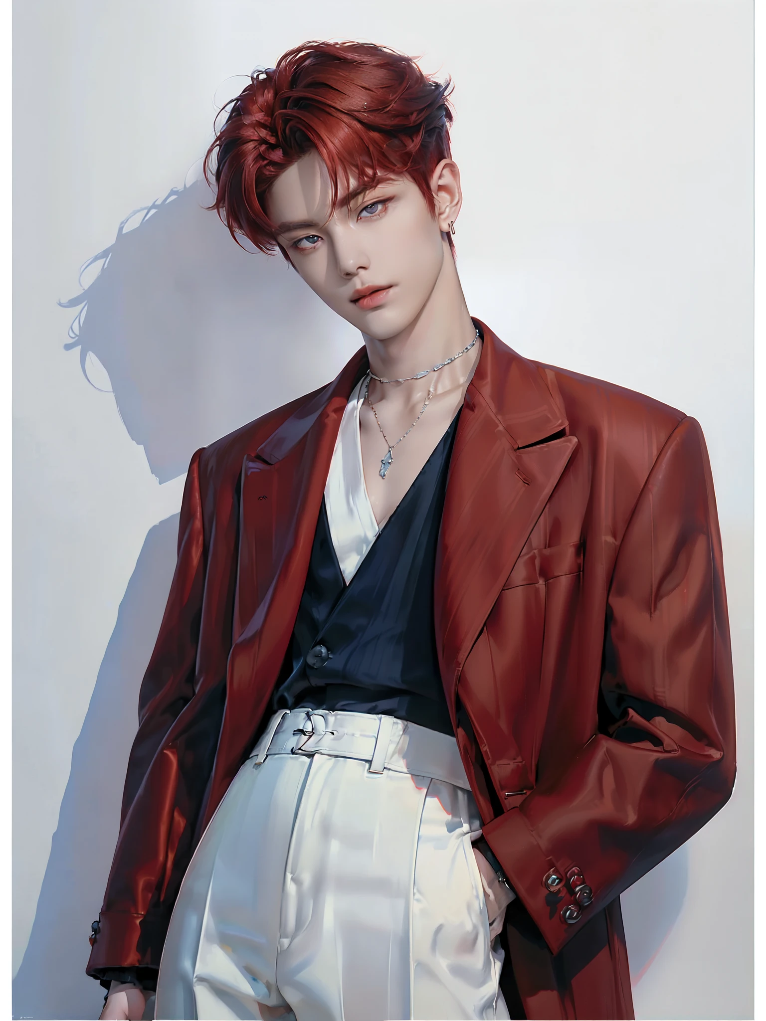 (4K)) ((  high quality )) (( white background )) ((amber-red hair color)) ((blue trousers)) ((one member of a k-pop group)) ((amber-red hair color)) (( Yongjun has a sophisticated and attractive appearance ,  with soft facial features ,  with perfect skin and expressive eyes . his nose is long, plump lips.  medium length hair , slightly wavy,  painted in a warm reddish shade with a slight honey tint . The hair is styled like this ,  so that the bangs cover your forehead on both sides ,  frame creating a mysterious and romantic image )) ((dressed in Top :  A classic , For example,  stripes or plaid ,  complemented by a .  This can be a classic black jacket or dark blue ,  to emphasize elegance and style ))
((through:  Trousers to match the jacket or light pants ,  that perfectly emphasize the sophistication and elegance of the look)) ((Accessories:  Metallic choker ,  speaker thin ,  clip earring or small ear ring )) (( relaxed pose )) ((full length pose)) (( looks directly at the camera)) ((hand in pocket)) ((full length pose)) (( with no other characters in the )) ((painting in artistic style)) ((white background))
