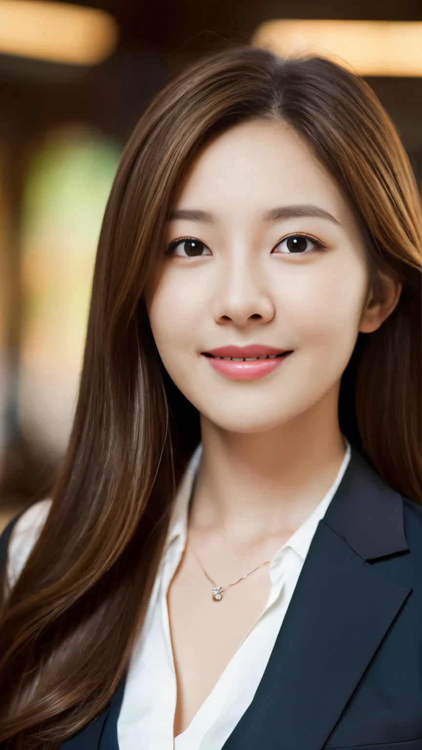 Desktop,  best quality, realistic,  super detailed, Exquisite,  high resolution, 8k wallpaper, 1 Beautiful Woman ,,  light brown messy hair , Wearing a suit ,  Sharp Focus,  Perfect Dynamic Composition , Exquisite has beautiful eyes, Sparse hair , Detailed and realistic skin texture, Smile,  close-up portrait , body curve，Full body photo