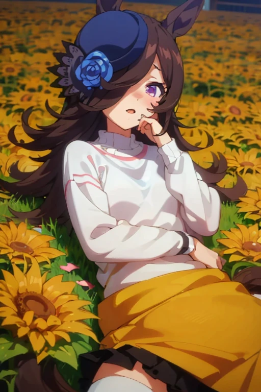masterpiece, 1girl, ((portrait shot)), purple eyes, nose, black hair, two-tone hair, eyeliner, closed mouth, looking at viewer, long hair, purple t shirt, background: field of sunflowers, sunrise, solo, upper body, gigantic breasts, wide thighs