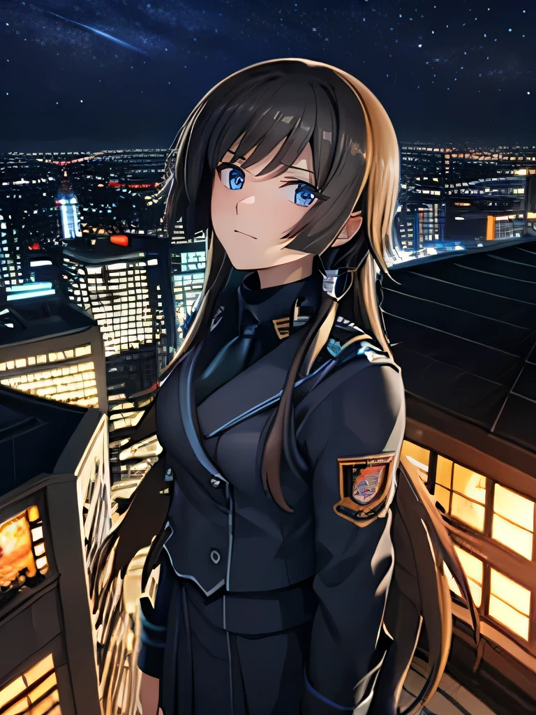  one girl ， brown hair ， long hair，smile， and smiles ，uniform，Standing on the roof， looking up and looking over here，Scenery seen from above ，Night view，Cinema Light，masterpiece， High Quality，