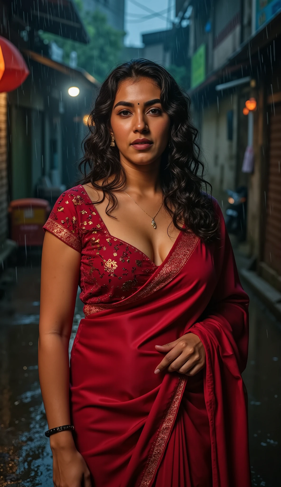 ,Busty fair skinned  woman  in a rain  and getting herself drenched from the rain water in the middle of a night road,she is wearing red sequin silk shiny saree on a shiny red satin u neck short sleeve blouse,fully wet drenched body and clothes,wet long hair, glossy poutlips, cleavage cut line,Large breasts, Accurate, Long Hair, Makeup, Embarrassed, rainy indian slum background,wet clothes,wet hair,wet body , tight saree, tight fit blouse, wet saree,wet breasts, spot light focusing on herLooking at viewer, 