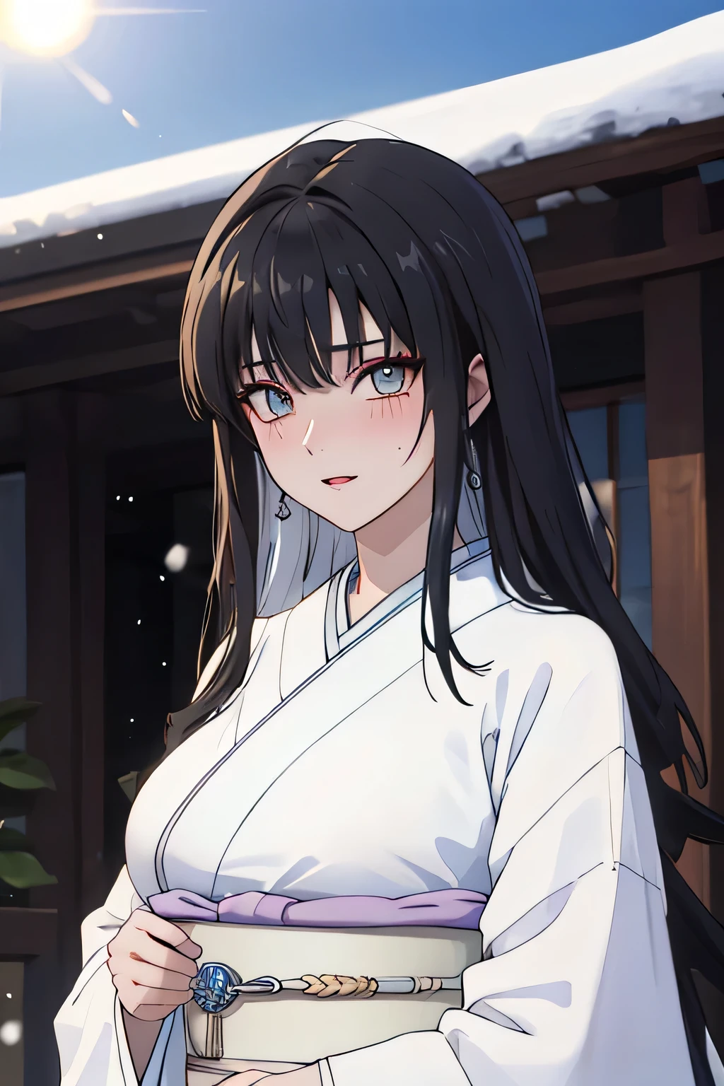 Masterpiece, Best Quality, Coloured image,Hi-Res, source_anime, (good_hands:0.9) , 1girl, silver eyes, focused eyes, black coloured hair, long hair, white kimono, big breast, muscular body, looking at viewer, standing, from front.stand, outdoor, garden, snowy background, daylight , Glossy oily Skin, blushing, dramatic shadows, cinematic sun lighting, (light particles:0.8)