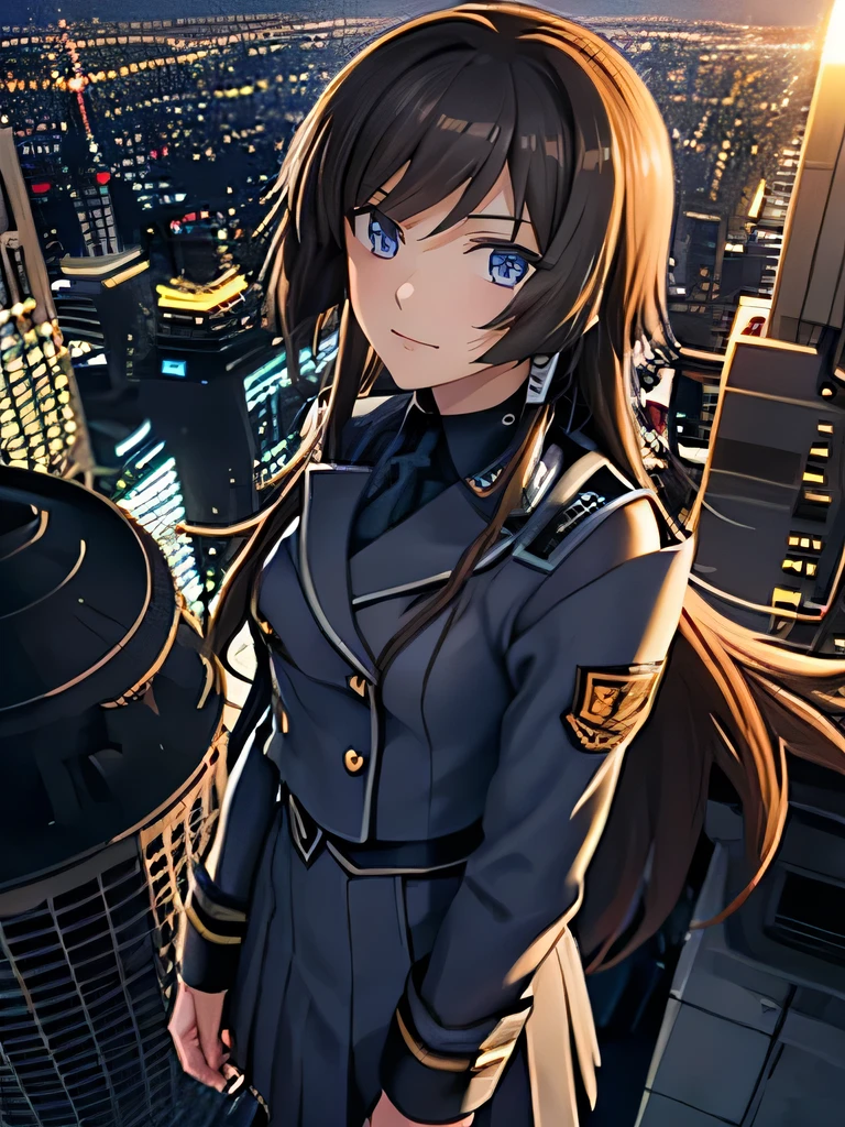  one girl ， brown hair ， long hair，smile， and smiles ，uniform，Standing on the roof， looking up and looking over here，Scenery seen from above ，Night view，Cinema Light，masterpiece， High Quality，