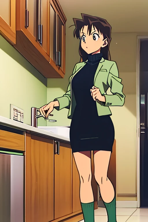 {{{mouri ran}}},{{{Detective Conan}}},{{{long hair}}},{{{official style}}},{{{adult}}},green dress,one-piece dress,turtleneck,green miniskirt, {light green cropped jacket},{light green cropped jacket},green socks,,sink,laundry,kitchen,bringing upper body to the sink,open