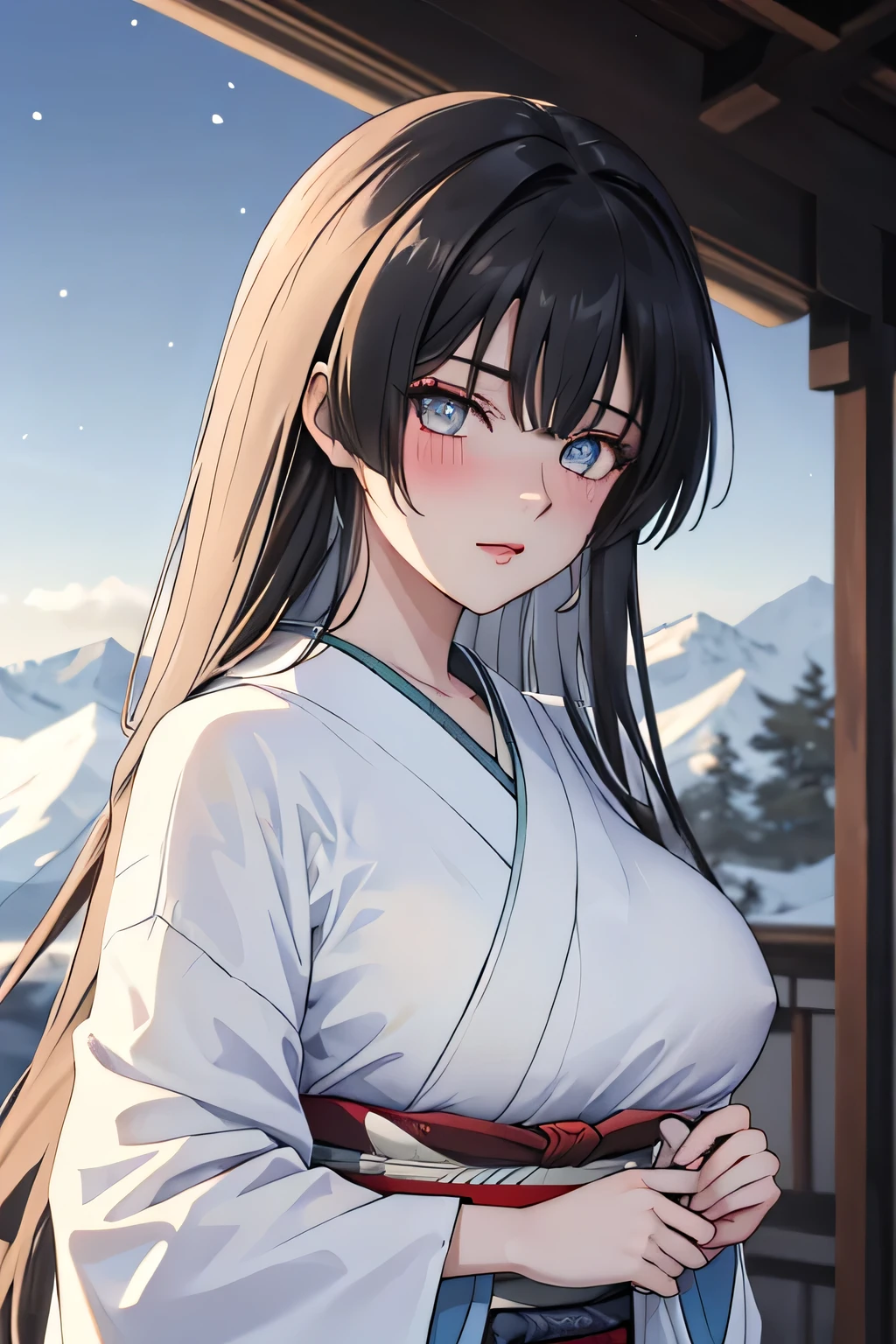 Masterpiece, Best Quality, Coloured image,Hi-Res, source_anime, (good_hands:0.9) , 1girl, silver eyes, focused eyes, black coloured hair, long hair, white kimono, big breast, muscular body, looking at viewer, standing, from front.stand, outdoor, top of mountain ,snowy background, daylight , Glossy oily Skin, blushing, dramatic shadows, cinematic sun lighting, (light particles:0.8)