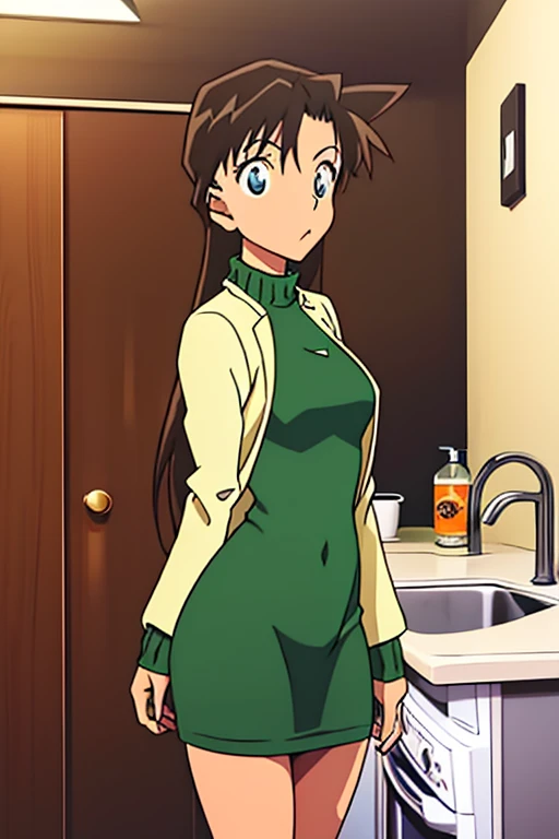 {{{mouri ran}}},{{{Detective Conan}}},{{{long hair}}},{{{official style}}},{{{adult}}},green dress,one-piece dress,turtleneck,green miniskirt, {light green cropped jacket},{light green cropped jacket},green socks,,sink,laundry,kitchen,bringing upper body to the sink,open