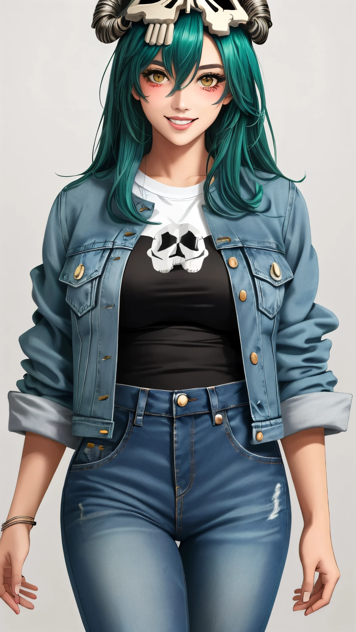 nelliel tu odelschwanck, green hair,yellow eyes, skull, face mark,large breasts,smile , parted lips, happy, High-waisted mom jeans, graphic t-shirt, denim jacket, white sneakers, blurred background