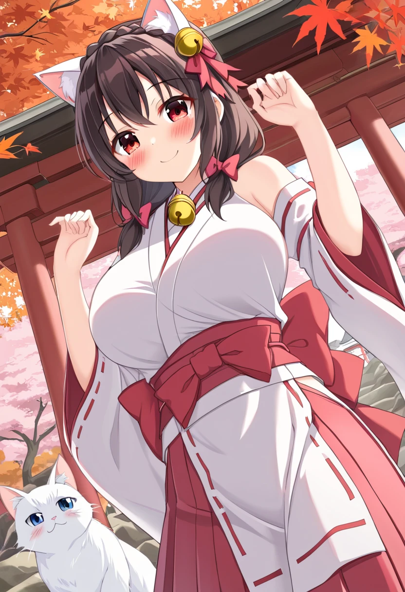 yunyun、masterpiece, best quality,  high definition ,One person, Yunyun、名前はYunyun,  crown braid in the same color as hair,  black hair、Red eyes、 hair accessory with a bell ,  hair bow, ( white and pink shrine maiden costume 、Hakama is a red )、She has big breasts、(blush)、autumn leaves、(shrine:1.2)、Standing、(Happy smile:1.2)、blush、(Cat ears)、(White cat with bell :1.4)