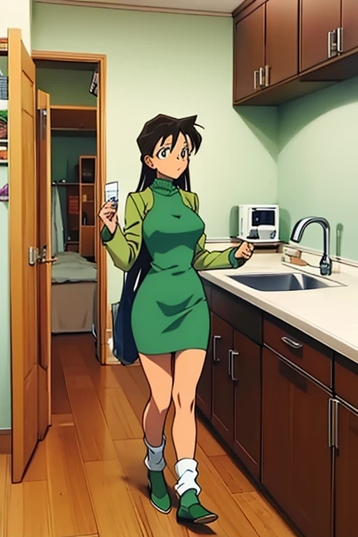 {{{mouri ran}}},{{{Detective Conan}}},{{{long hair}}},{{{official style}}},{{{adult}}},green dress,one-piece dress,turtleneck,green miniskirt, {light green cropped jacket},{light green cropped jacket},green socks,,sink,laundry,kitchen,bringing upper body to the sink,open