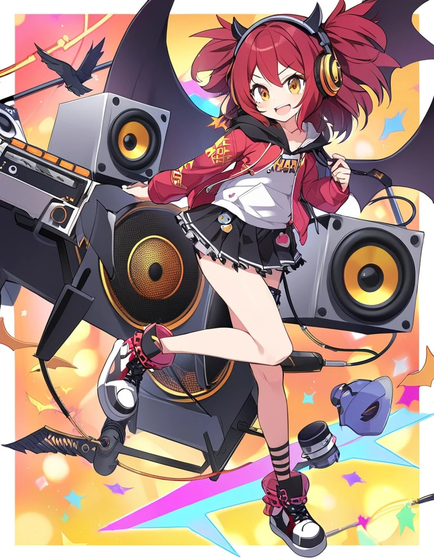 Girl with speaker and headphones and bat, 1 girl, bat speaker wing and bat ear headphones, bat acoustic weapon arm claw, headphone cord hoodie, DJ miniskirt costume, speaker ultrasonic cannon (weapon), headphone chakram (weapon), (full body),
harpy girl, dark red hair,messy bob hair, (big feather bird ears), harpy big wings, singing diva,