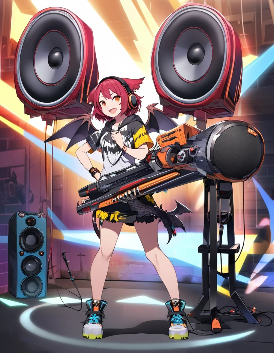 Girl with speaker and headphones and bat, 1 girl, bat speaker wing and bat ear headphones, bat acoustic weapon arm claw, headphone cord hoodie, DJ miniskirt costume, speaker ultrasonic cannon (weapon), headphone chakram (weapon), (full body),
harpy girl, dark red hair,messy bob hair, (big feather bird ears), harpy big wings, singing diva,