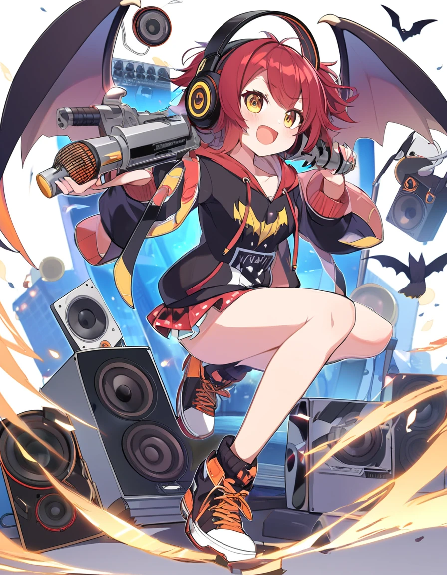 Girl with speaker and headphones and bat, 1 girl, bat speaker wing and bat ear headphones, bat acoustic weapon arm claw, headphone cord hoodie, DJ miniskirt costume, speaker ultrasonic cannon (weapon), headphone chakram (weapon), (full body),
harpy girl, dark red hair,messy bob hair, (big feather bird ears), harpy big wings, singing diva,