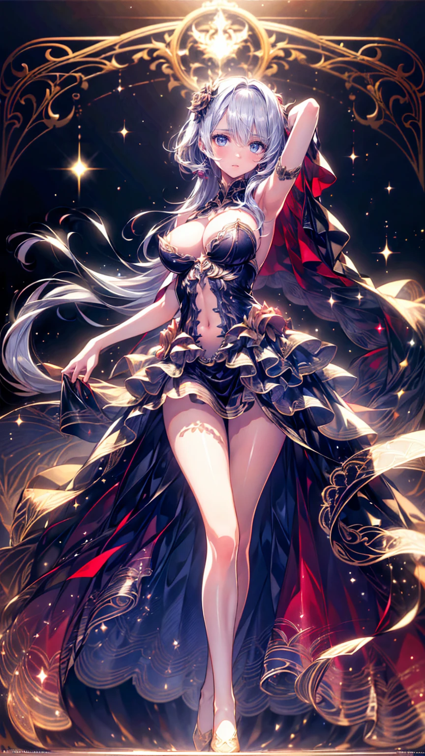 (CG 8k wallpapers are extremely detailed, masterpiece, best quality, Super detailed), (Better lighting, Better shadows, Extremely refined), floating, High Saturation, Dynamic angle, 1 Girl, Gorgeous, white hair, Red Eyes, Very long hair, Hair accessories, Stand on the rooftop, orchid evening dress, Delicate lace details, Hair swaying gently in the wind, Amazing city view in the background, romantic atmosphere.