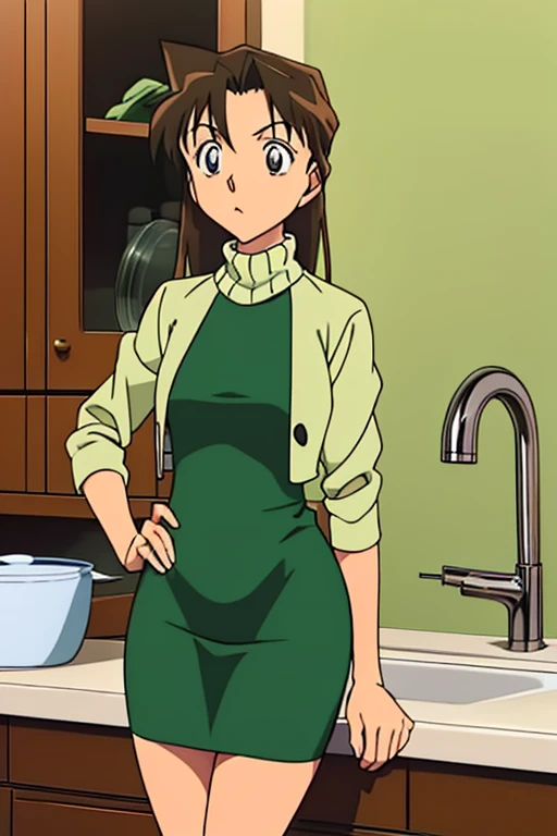 {{{mouri ran}}},{{{Detective Conan}}},{{{long hair}}},{{{official style}}},{{{adult}}},green dress,one-piece dress,turtleneck,green miniskirt, {light green cropped jacket},{light green cropped jacket},green socks,,sink,laundry,kitchen,bringing upper body to the sink,open