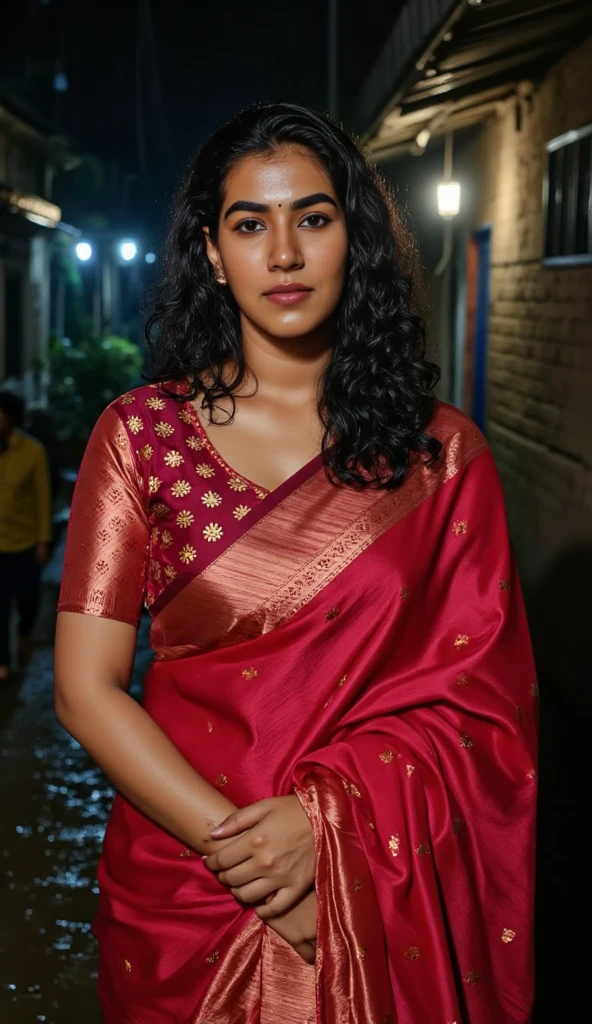 air skinned woman in a rain and getting herself drenched from the rain water in the middle of a night road, she is wearing red sequin silk shiny saree on a shiny red satin u neck short sleeve blouse, fully wet drenched body and clothes, wet long hair, glossy poutlips, cleavage cut line, Large breasts, Accurate, Long Hair, Makeup, Embarrassed, rainy indian slum background, wet clothe, wet hair, wet body , tight saree, tight fit blouse, wet saree ,wet breasts, spot light focusing on her , Looking at viewer,