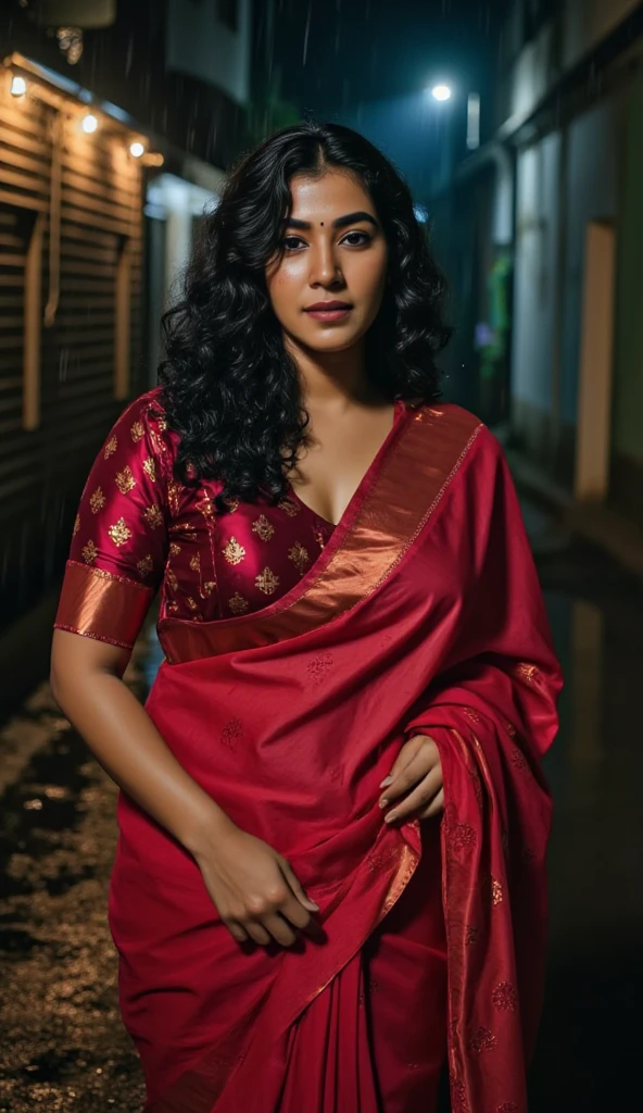 air skinned woman in a rain and getting herself drenched from the rain water in the middle of a night road, she is wearing red sequin silk shiny saree on a shiny red satin u neck short sleeve blouse, fully wet drenched body and clothes, wet long hair, glossy poutlips, cleavage cut line, Large breasts, Accurate, Long Hair, Makeup, Embarrassed, rainy indian slum background, wet clothe, wet hair, wet body , tight saree, tight fit blouse, wet saree ,wet breasts, spot light focusing on her , Looking at viewer,