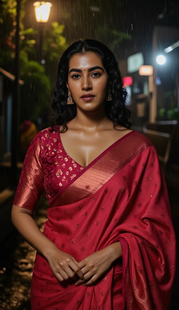 air skinned woman in a rain and getting herself drenched from the rain water in the middle of a night road, she is wearing red sequin silk shiny saree on a shiny red satin u neck short sleeve blouse, fully wet drenched body and clothes, wet long hair, glossy poutlips, cleavage cut line, Large breasts, Accurate, Long Hair, Makeup, Embarrassed, rainy indian slum background, wet clothe, wet hair, wet body , tight saree, tight fit blouse, wet saree ,wet breasts, spot light focusing on her , Looking at viewer,