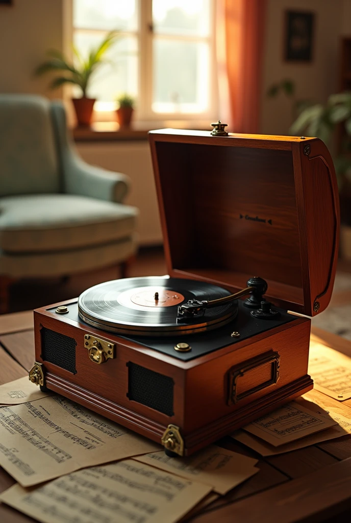 Vintage record player. The wood-grain body with brass accents is classic and warm. The turntable section that turns the disks is finely engraved, and the arm and needle are highlighted by a delicate metal texture. In the background, a room with a soft setting sun can be seen with old records and sheet music piled haphazardly on top of each other. In one corner of the room, a softly colored chair and a decorative plant create a warm, nostalgic atmosphere. Describe an atmosphere in which music seems to flow out of the silence.