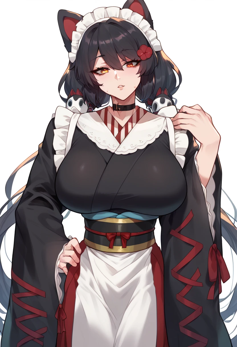 Hyper realistic, it1, flower, twintails, low twintails, very long hair, dog girl、
choker, maid headdress, black kimono, wide sleeves, frills, obi, white apron, sleeves past wrists, skirt, red skirt, perfect face, perfect lighting,, sexy female, huge breasts, sweat, hanging breasts, Stand upright with your hands on your hips、