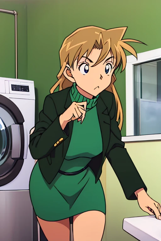 {{{mouri ran}}},{{{Detective Conan}}},{{{long hair}}},{{{official style}}},{{{adult}}},green dress,one-piece dress,turtleneck,green miniskirt, {light green cropped jacket},{light green cropped jacket},green socks,,sink,laundry,kitchen,bringing upper body to the sink,open