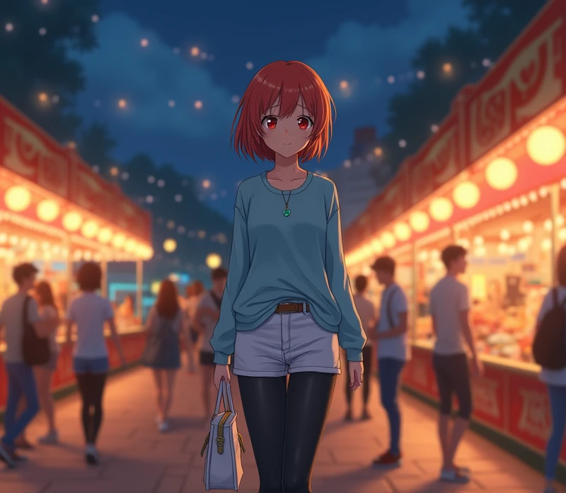 An 18-year-old anime woman , anime To love ru, soft lighting , walking at a fair in a beautiful neighborhood , There are people at the fair on a night with a few stars , measures 1 ,68 CM tall, its measurements: Bust 60 , Waist 30 , Hips 80 ; has short hair (21 cm long ) red-orange, His eyes are crimson red, She has a responsible personality , wears an inquisitive facial expression when she says something while holding a green quartz necklace in her hands, She is wearing a small white bag , She wears a long sleeve shirt in light blue color Henley , short white jeans and black leggings (wide thighs). High resolution, masterpiece, Anatomically correct pose , necessary, necessary, La mejor quality, Awarded many times, Detail, Details altos, lyrical, quality, Retina, 8k image, Medium-short plane