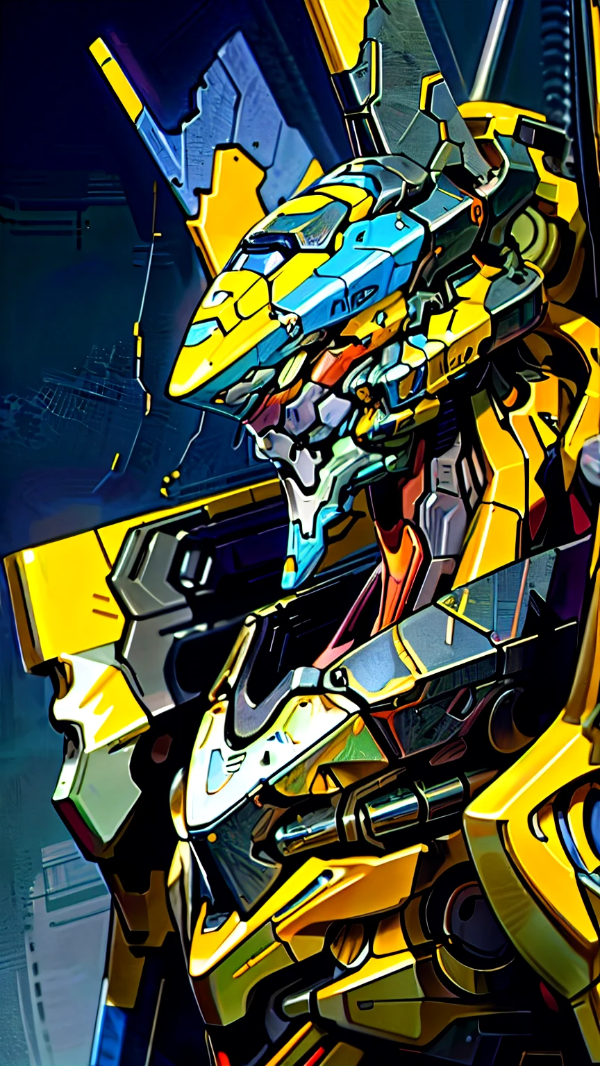 (), Eva God,  Evangelion Mecha, science fiction,  watching viewers, ( Official Art,  best quality, masterpiece:1.2), mecha color blue and yellow, (((photo real))),high res, beautiful abstract background , futuristic,  Cyberpunk , Intense angle, 、 face、Detailed 