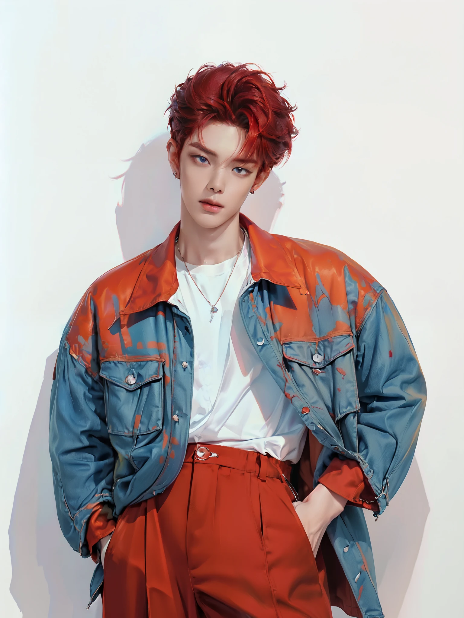 (4K)) ((  high quality )) (( white background )) ((amber-red hair color)) ((blue trousers)) ((one member of a k-pop group)) ((amber-red hair color)) (( Yongjun has a sophisticated and attractive appearance ,  with soft facial features ,  with perfect skin and expressive eyes . his nose is long, plump lips.  medium length hair , slightly wavy,  earrings painted in a warm reddish tint with a slight honey tint . The hair is styled like this ,  so that the bangs cover your forehead on both sides ,  frame creating a mysterious and romantic image ))   UN wears a black graffiti t-shirt ,  over which a loose beige vest is worn with big pockets.  Dark green pants with several side pockets ,  adding an element of street style .  His accessories include massive silver rings and ,  that highlight his vibrant look ) (( relaxed pose )) ((full length pose)) (( looks directly at the camera)) ((hand in pocket)) ((full length pose)) (( with no other characters in the )) ((white background))  ((street fashion style ) (( light blue shirt )) ((maroon jacket ))
