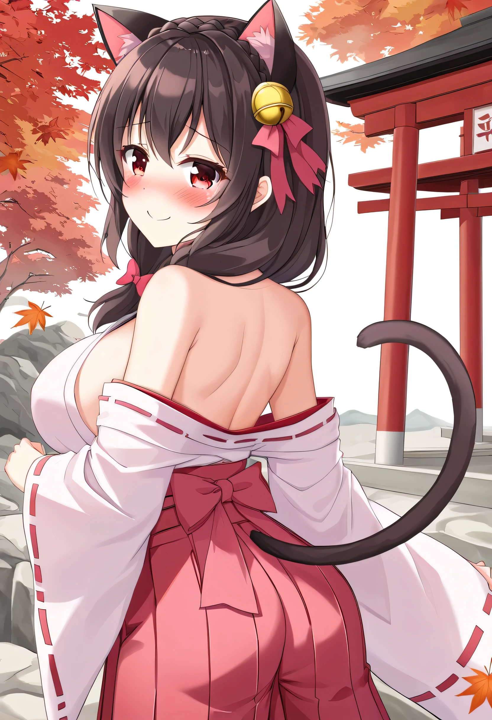 ((junkotvvxl, long hair, dark hair, cat ears, red eyes))score 9, score 8 up, score 7 up, rating questionable,
detailed background,
mokuren,
wide hips, shiny skin, 
tree, sitting on branch,  half-closed eyes, smile, cherry blossom, looking at viewer, light blush,