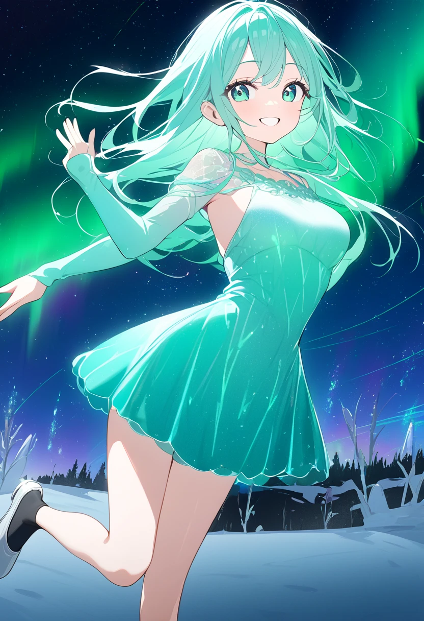  masterpiece、 Top quality backgrounds、 young girl、 normal size breasts、Slender body、Thin legs、 fun atmosphere、jade colored hair 、 jade colored dress、smile、Fun pose、ice skating、 Aurora、Shimmering ice、One girl、Black socks