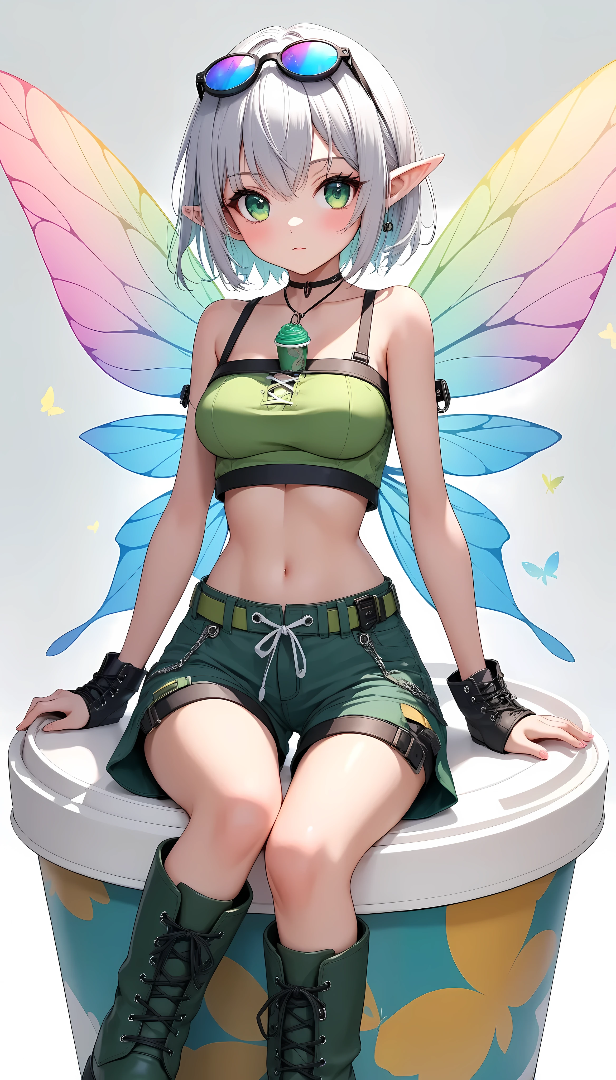  1 girl, \character "Atlas"\, Alone,  bshp wearing a green tube top sitting in a paper cup with a lid ,whole body, Mini Girl, White bob hair, Green Eyes, pointy ears, breast,  clevis, abdomen,  Crop Top , abdomen,  shorts,  lace up boots,  Fairy Wings , Aesthetic fusion of ,  simple background