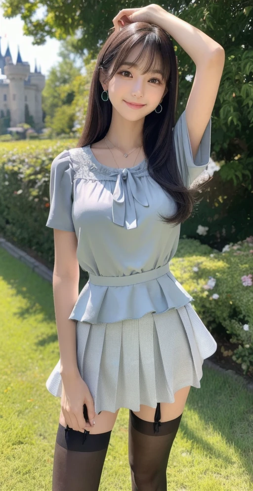 highest quality、8k Masterpiece、超A high resolution、(Photorealistic:1.3)、RAW Photos、1 girl、Long black hair in a ponytail swaying in the wind、Glowing Skin、((Ultra-Realistic Details))、Portrait、Global Illumination、Shadow、Octane Rendering、8k、Super sharp、Beautiful breasts、Metal、Cold colors、、Very intricate details、Realistic Light、CGSoation Trend、Beautiful Eyes、Shining Eyes、To the camera、Neon Details、20age、Mean、Small devil、Obscene、wide shot、full body、Silver charm on the ankle、smile、Young body shape、未来的な白いIdol衣装、Cosplay、A little sexy、Moe、very cute、cute、pure、virgin、love、Idol、pink、mini skirt、見たこともなほど可愛いIdol衣装、A girly cafe with gentle sunlight