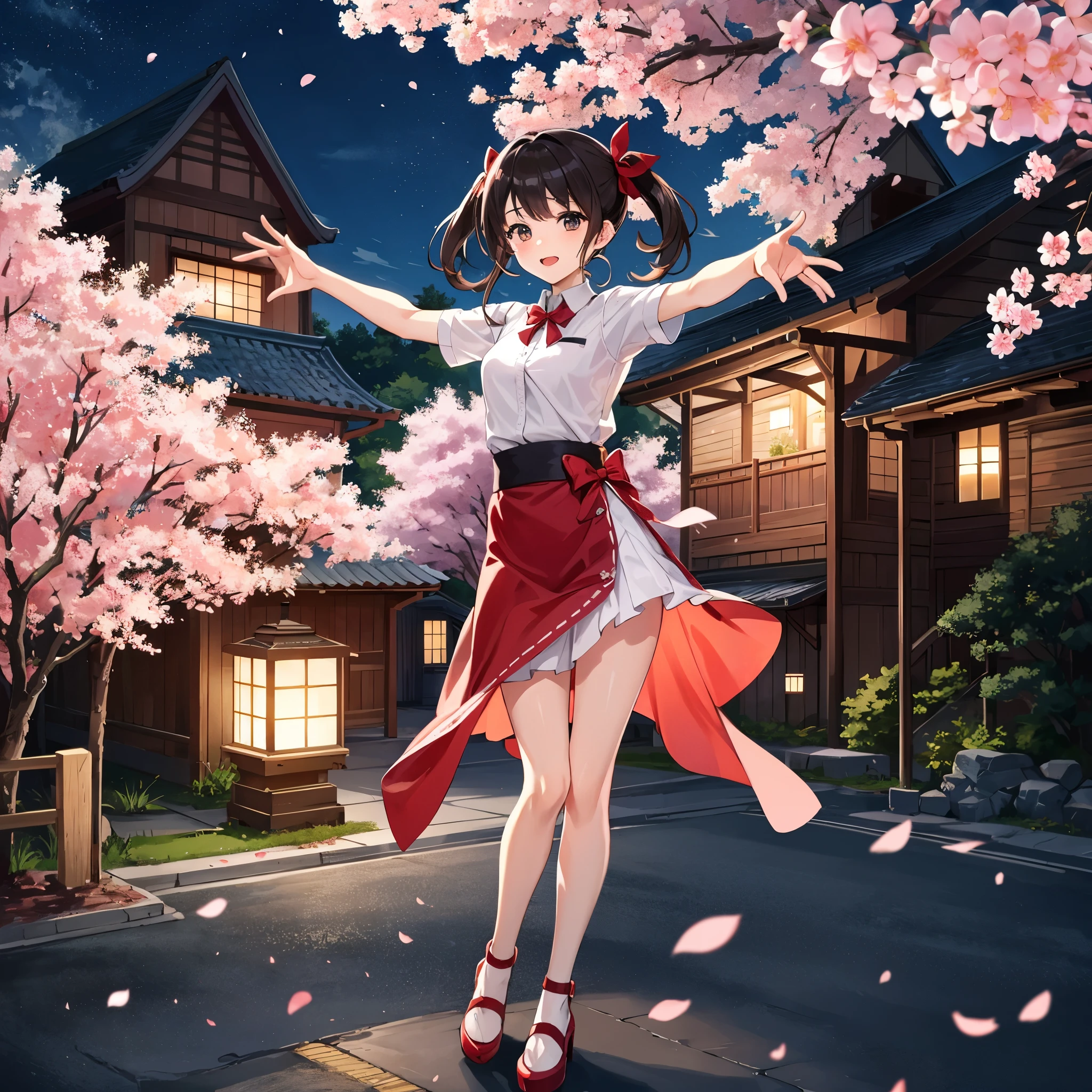 (Higher image quality), (Masterwork),(Detailed description of eyes),(Detailed description of face), 1menina_megumin_konosuba,red eyes,black hair,(short hair),short hair (floating in the wind), hair ornament, white dress, small breasts, bare legs, white socks, leather shoes, arms and hands behind the back, blush, fluttering grass, (spring, sakura flowers),  petals, (lens reflection), altocumulus, dazzling light, cool breeze, (shadow) of [a sakura tree], meadow, (grass is growing and birds are flying), (lake, surface reflection), presenting armpit, nipples