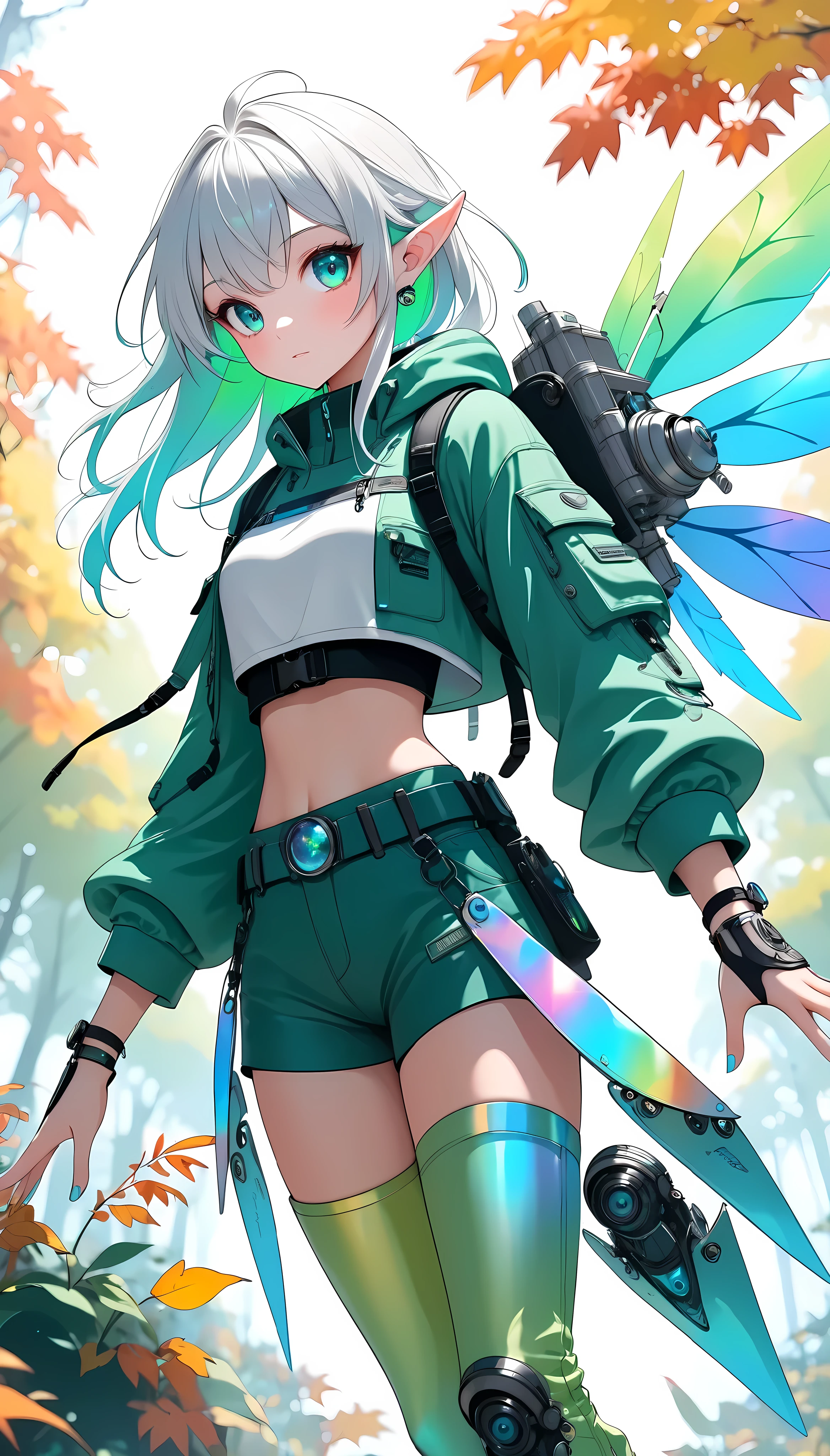  1 girl, \character "Atlas"\, Alone,  bshp wearing a green tube top sitting in a paper cup with a lid ,whole body, Mini Girl, White bob hair, Green Eyes, pointy ears, breast,  clevis, abdomen,  Crop Top , abdomen,  shorts,  lace up boots,  Fairy Wings , Aesthetic fusion of ,  simple background