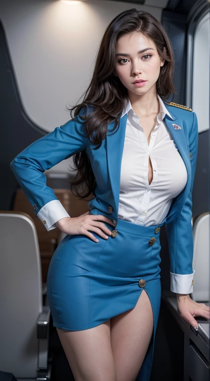 (8K High Resolution), (Highest quality), (RAW Image Quality),(Tabletop:1.2), (Realistic), (Realistic:1.37), ,Large Eyes,Long eyelashes,(Live-action realistic style),The ultimate face,Realistic light and shadow,Distinct facial features,,Dark skin, ),(The ultimate face,Extraordinary beauty),Best Portrait, One girl,Beautiful attention to detail,Highly detailed skin,(Beautiful face with double eyelids), (realism: 1.4),((Full body image)) ,Delicate and beautiful face,,Female about 20 years old,(Beautiful Face 1.4),Hair length is random,((African in uniform)),(Red lipstick,Discomfort around the eyes,Earrings Beautiful),((Taken inside an airplane)),(Are standing,Without skirt),(Flight attendant uniform)),Red lipstick,Discomfort around the eyes,(Flight attendants in uniform),,(cowboy shot standing),Shoot from the front,,Close-range shooting,I can see her cleavage,(((Bring your audience the best smile))),Pose with one hand on your hip