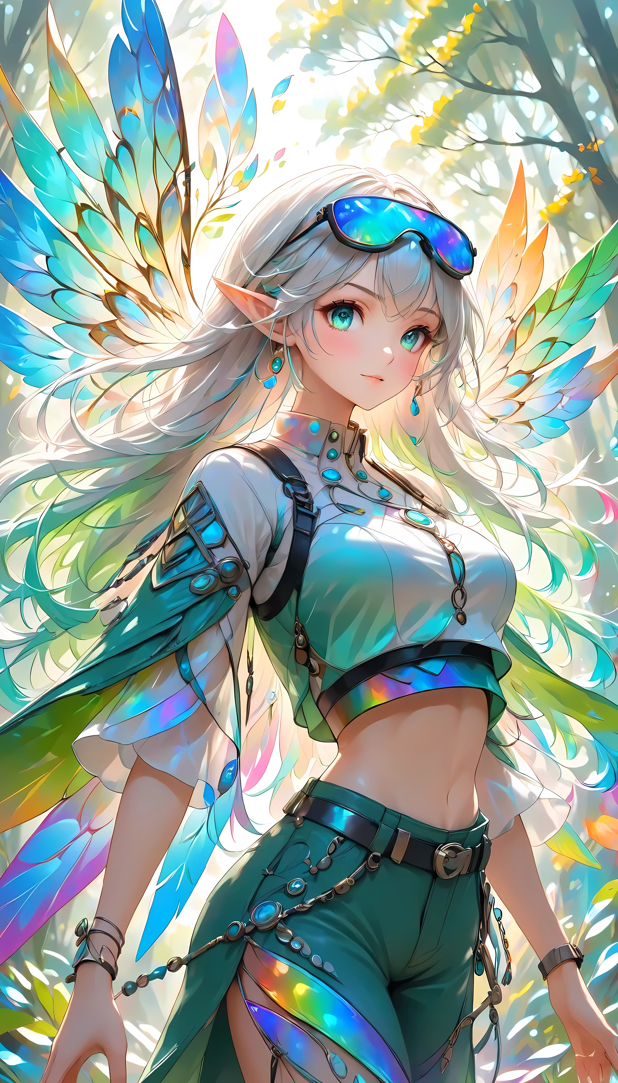  1 girl, \character "Atlas"\, Alone,  bshp wearing a green tube top sitting in a paper cup with a lid ,whole body, Mini Girl, White bob hair, Green Eyes, pointy ears, breast,  clevis, abdomen,  Crop Top , abdomen,  shorts,  lace up boots,  Fairy Wings , Aesthetic fusion of ,  simple background