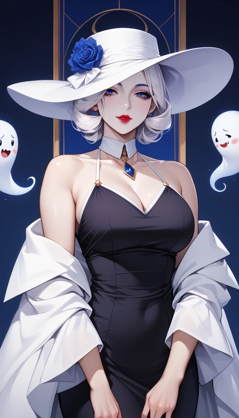 female ghost, sitting, masterpieces, no shock, hyper detail, 16K, smooth legs, shiny, mature looking, underboobs, perfect body shape, bare shoulder, pale skin, pale face