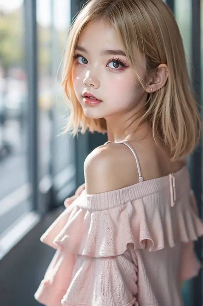  masterpiece 、 High Quality ,、No background、1 teenage girl,girl, College Student 、 blonde short hair 、Perfect Portrait 、side view,Open the center of your lips,, Standing Pose ,cropped off-shoulder, miniskirt、 high heels