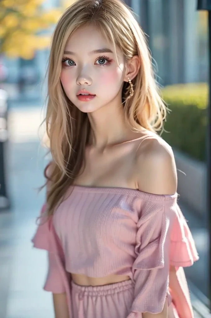  masterpiece 、 High Quality ,、No background、1  girl,girl, College Student 、 blonde short hair 、Perfect Portrait 、side view,Open the center of your lips,, Standing Pose ,cropped off-shoulder, miniskirt、 high heels