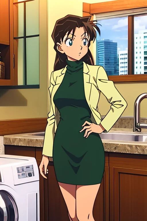 {{{mouri ran}}},{{{Detective Conan}}},{{{long hair}}},{{{official style}}},{{{adult}}},green dress,one-piece dress,turtleneck,green miniskirt, {light green cropped jacket},{light green cropped jacket},green socks,,sink,laundry,kitchen,bringing upper body to the sink,open