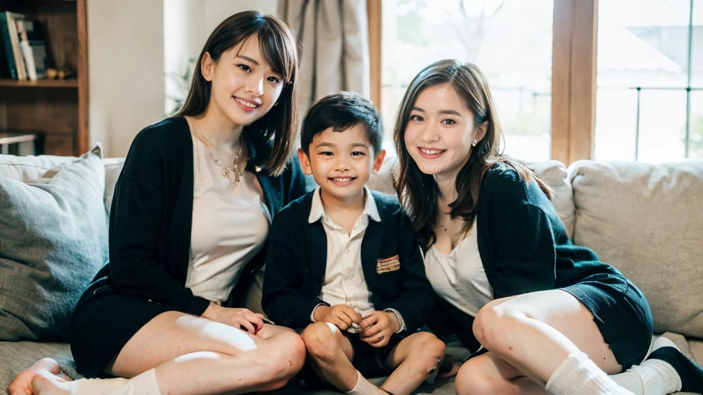 (Asian mother taking a family photo with her young on the sofa in the living room),,18years old, legs spread, flat chest,leg、both knees、nude、between legs , showing her white panties, flash tits:1.6,(Slide your panties and show off your pussy), blonde hair,detailed white small shallow panties,full body shot、(a little smiles)、tits, full body,gyaru make, School uniform, navy blue cardigan,white blouse, loose-fitting white big baggy socks , miniskirt,realistic pubic hair