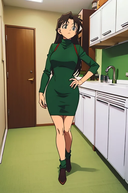 {{{mouri ran}}},{{{Detective Conan}}},{{{long hair}}},{{{official style}}},{{{adult}}},green dress,one-piece dress,turtleneck,green miniskirt, {light green cropped jacket},{light green cropped jacket},green socks,,sink,laundry,kitchen,bringing upper body to the sink,open